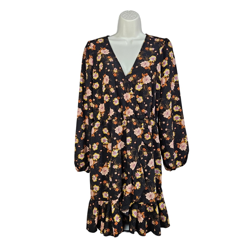 Abound Black Floral Surplice Ruffle Mini Dress M Fall Boho Long Sleeve Cottage